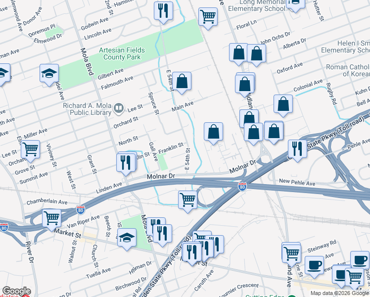 map of restaurants, bars, coffee shops, grocery stores, and more near 404 East 54th Street in Elmwood Park