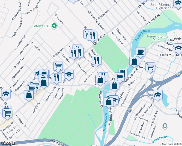 map of restaurants, bars, coffee shops, grocery stores, and more near 32 Scrivens Street in Totowa