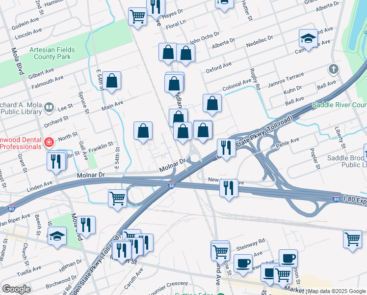 map of restaurants, bars, coffee shops, grocery stores, and more near 275 North Midland Avenue in Saddle Brook