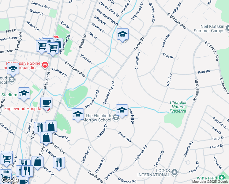 map of restaurants, bars, coffee shops, grocery stores, and more near 10 Elkwood Terrace in Tenafly