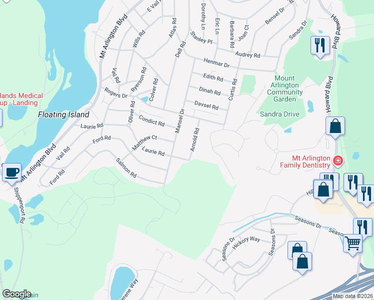 map of restaurants, bars, coffee shops, grocery stores, and more near 5 Arnold Road in Roxbury Township