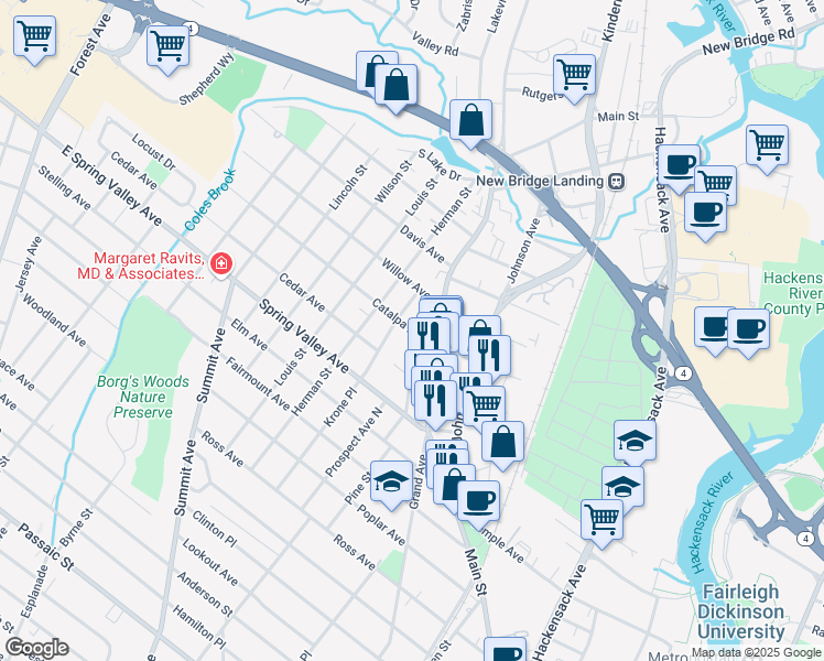 map of restaurants, bars, coffee shops, grocery stores, and more near 28 Catalpa Avenue in Hackensack