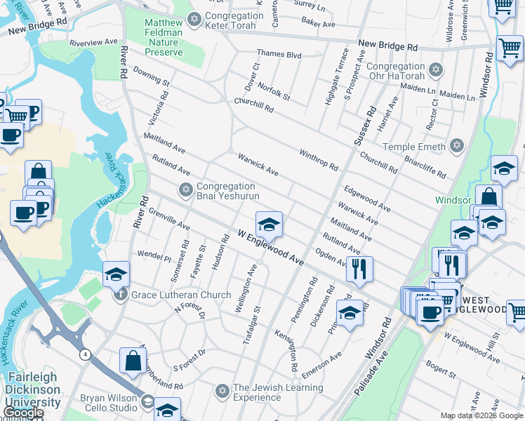 map of restaurants, bars, coffee shops, grocery stores, and more near 520 Rutland Avenue in Teaneck