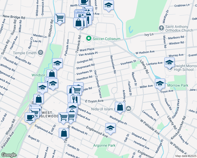 map of restaurants, bars, coffee shops, grocery stores, and more near 115 Van Buskirk Road in Teaneck