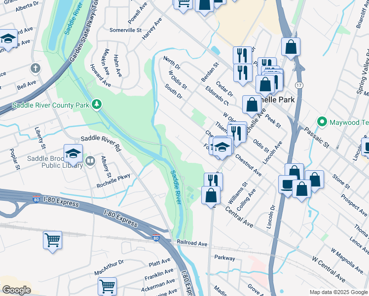 map of restaurants, bars, coffee shops, grocery stores, and more near 79 Terrace Avenue in Rochelle Park