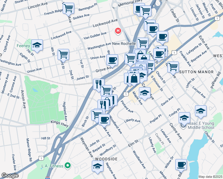 map of restaurants, bars, coffee shops, grocery stores, and more near 26 Pine Street in New Rochelle