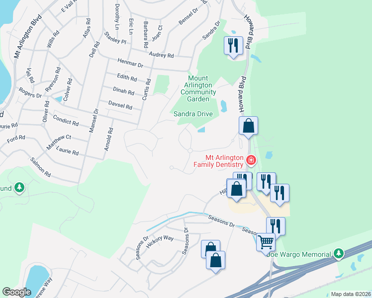 map of restaurants, bars, coffee shops, grocery stores, and more near 2 Harrison Way in Mount Arlington