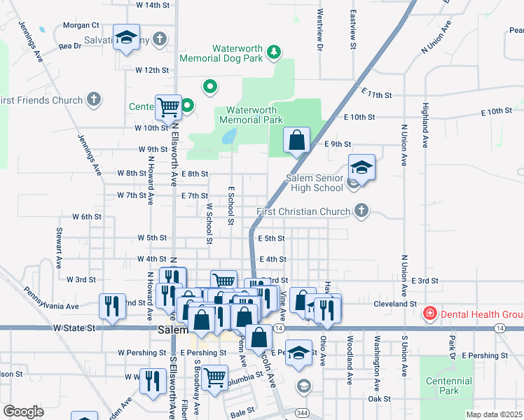map of restaurants, bars, coffee shops, grocery stores, and more near 627 North Lincoln Avenue in Salem
