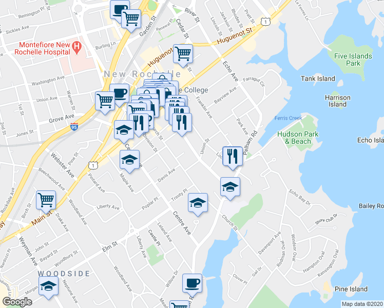 map of restaurants, bars, coffee shops, grocery stores, and more near 85 North Avenue in New Rochelle
