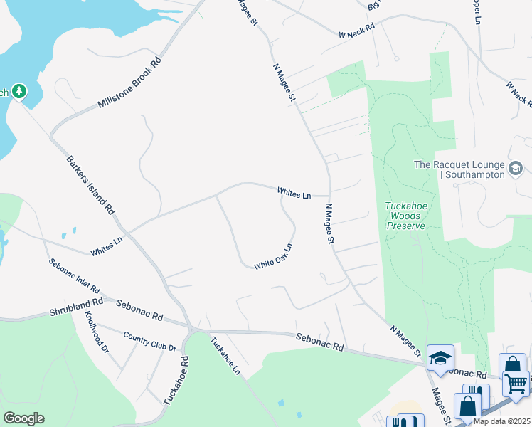 map of restaurants, bars, coffee shops, grocery stores, and more near 3 White Oak Lane in Southampton