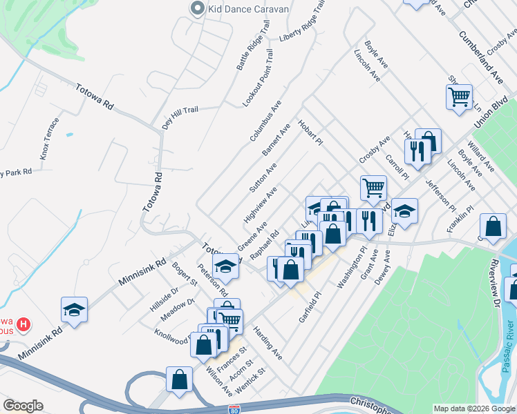 map of restaurants, bars, coffee shops, grocery stores, and more near 69 Highview Avenue in Totowa