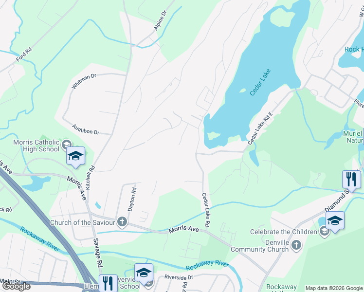 map of restaurants, bars, coffee shops, grocery stores, and more near 22 Overlook Drive in Denville