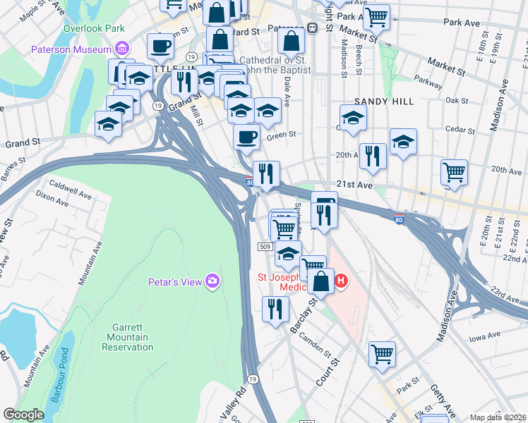 map of restaurants, bars, coffee shops, grocery stores, and more near 566 Main Street in Paterson
