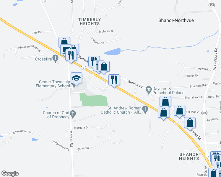 map of restaurants, bars, coffee shops, grocery stores, and more near 106 Saint Andrews Drive in Butler