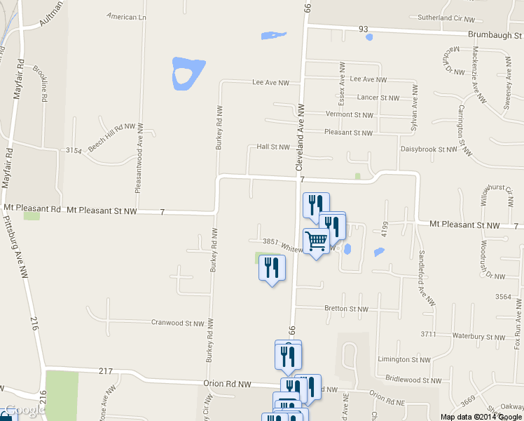 map of restaurants, bars, coffee shops, grocery stores, and more near 8356 Ladonna Circle Northwest in North Canton