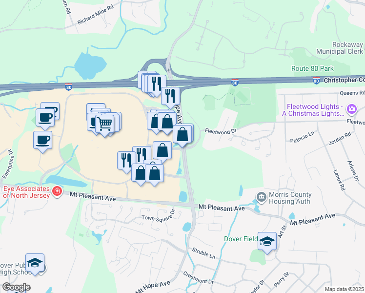 map of restaurants, bars, coffee shops, grocery stores, and more near 381 Mount Hope Avenue in Dover