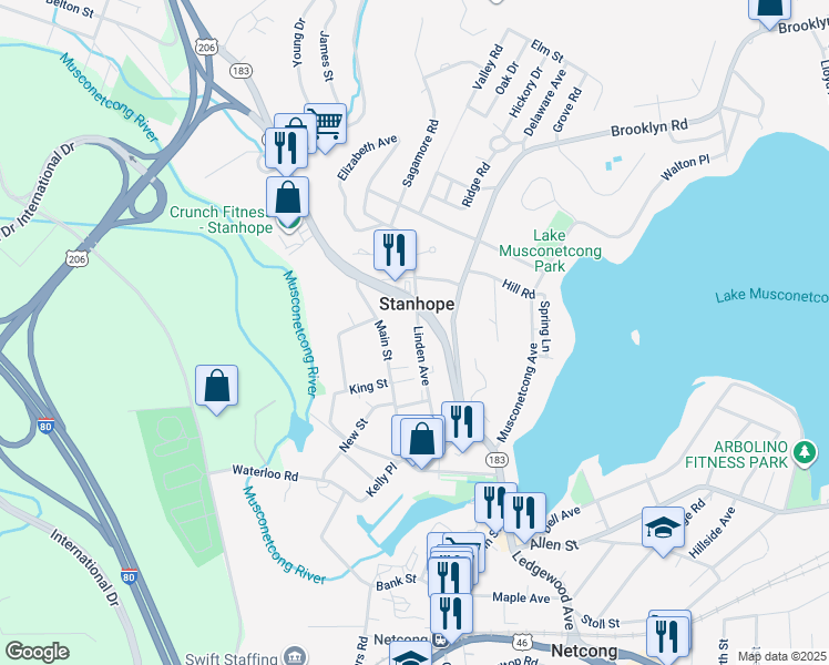 map of restaurants, bars, coffee shops, grocery stores, and more near 34 Linden Avenue in Stanhope