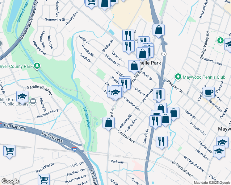 map of restaurants, bars, coffee shops, grocery stores, and more near 19 Chestnut Street in Rochelle Park
