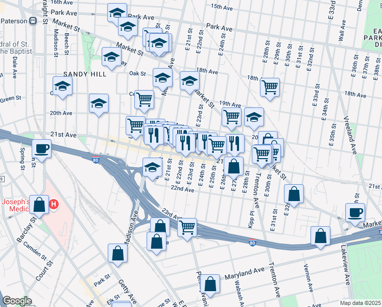 map of restaurants, bars, coffee shops, grocery stores, and more near 455 21st Avenue in Paterson