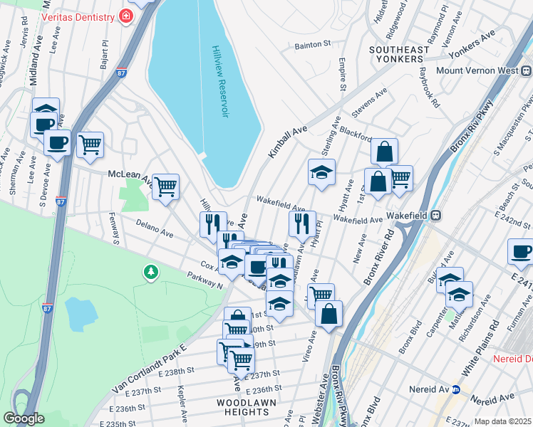 map of restaurants, bars, coffee shops, grocery stores, and more near 74 Alexander Avenue in Yonkers
