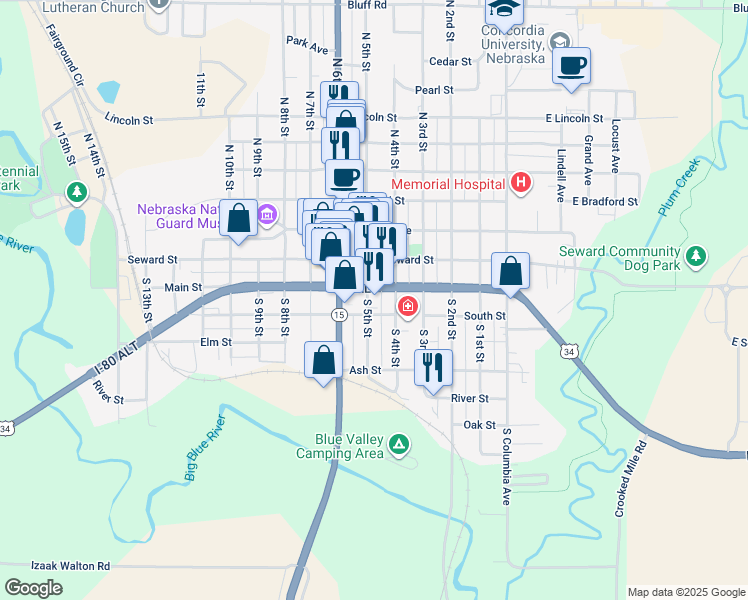 map of restaurants, bars, coffee shops, grocery stores, and more near 222 South 5th Street in Seward