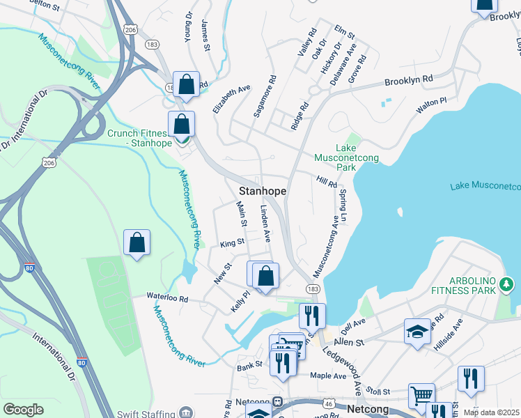 map of restaurants, bars, coffee shops, grocery stores, and more near 34 Linden Avenue in Stanhope
