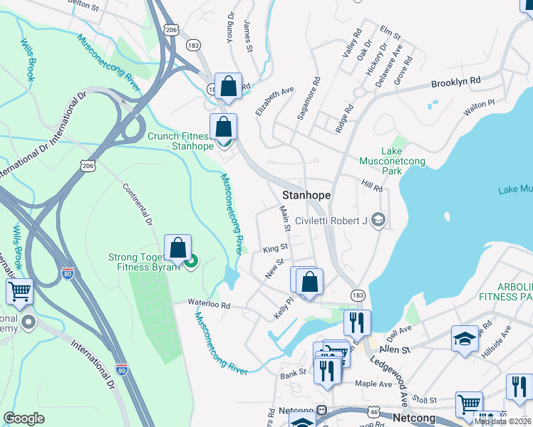 map of restaurants, bars, coffee shops, grocery stores, and more near 6 Bell Street in Stanhope
