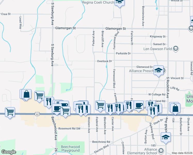 map of restaurants, bars, coffee shops, grocery stores, and more near 1600 Federal Avenue in Alliance