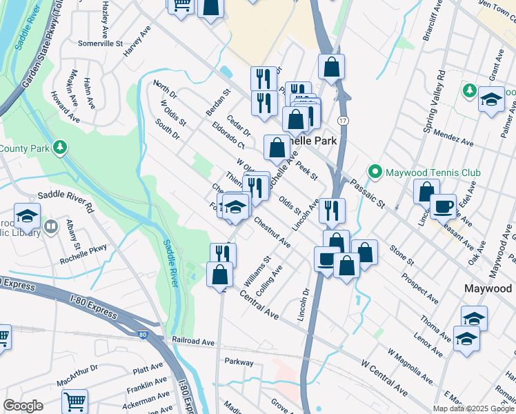 map of restaurants, bars, coffee shops, grocery stores, and more near 332 Rochelle Avenue in Rochelle Park