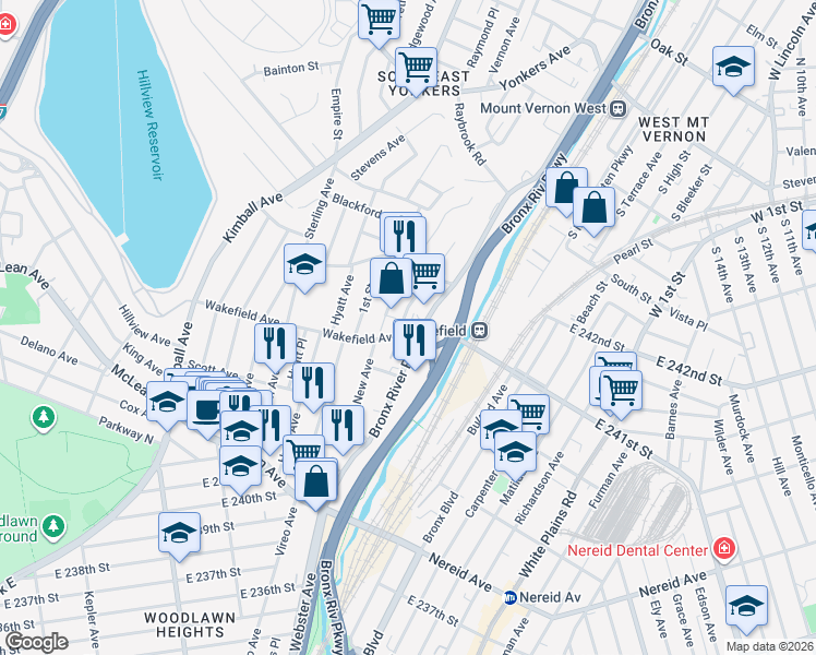 map of restaurants, bars, coffee shops, grocery stores, and more near in Yonkers
