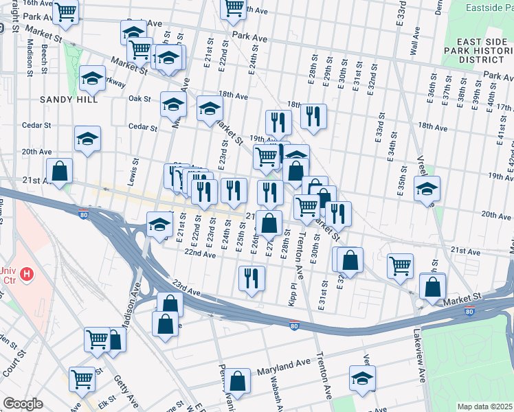 map of restaurants, bars, coffee shops, grocery stores, and more near 940 East 26th Street in Paterson