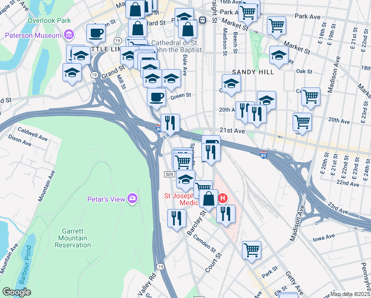 map of restaurants, bars, coffee shops, grocery stores, and more near 185 Jackson Street in Paterson