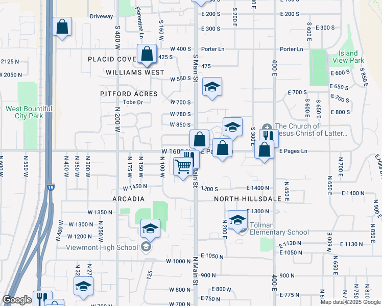 map of restaurants, bars, coffee shops, grocery stores, and more near 1595 South Main Street in Bountiful