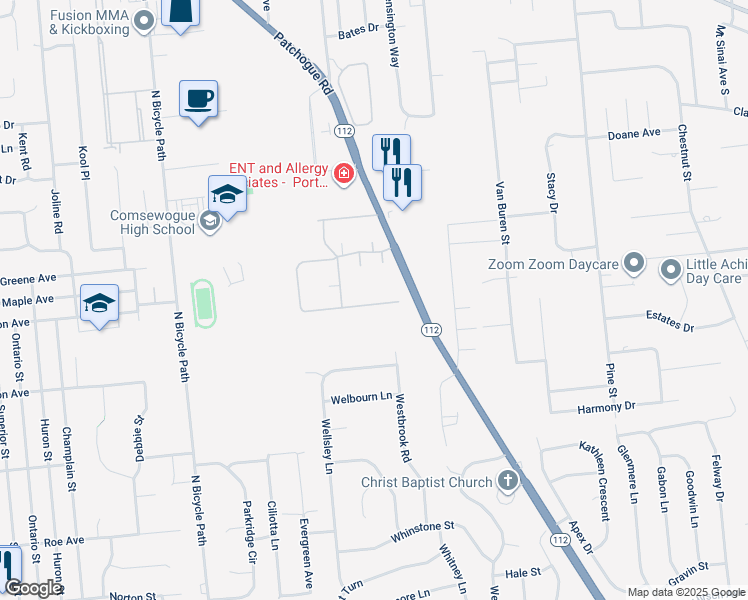 map of restaurants, bars, coffee shops, grocery stores, and more near 194 Cambridge Dr in Port Jefferson Station
