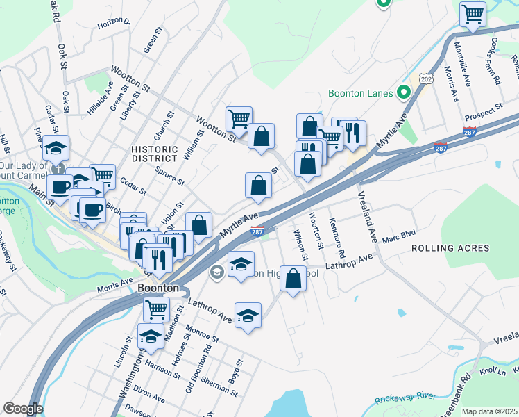 map of restaurants, bars, coffee shops, grocery stores, and more near 300 Myrtle Avenue in Boonton