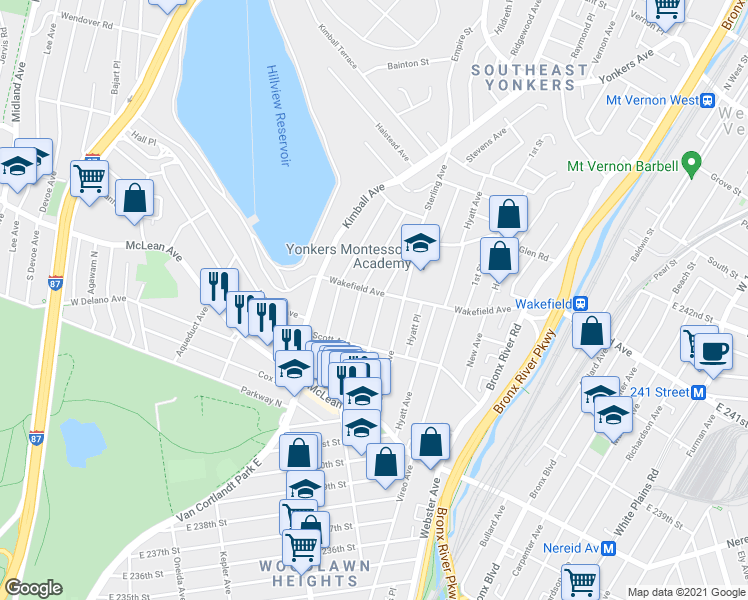map of restaurants, bars, coffee shops, grocery stores, and more near 95 Sterling Avenue in Yonkers