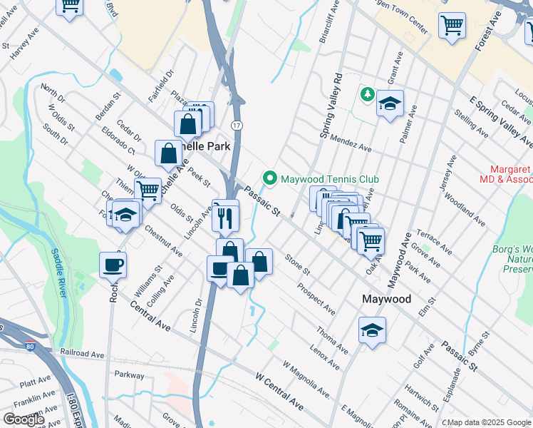 map of restaurants, bars, coffee shops, grocery stores, and more near 230 West Passaic Street in Maywood