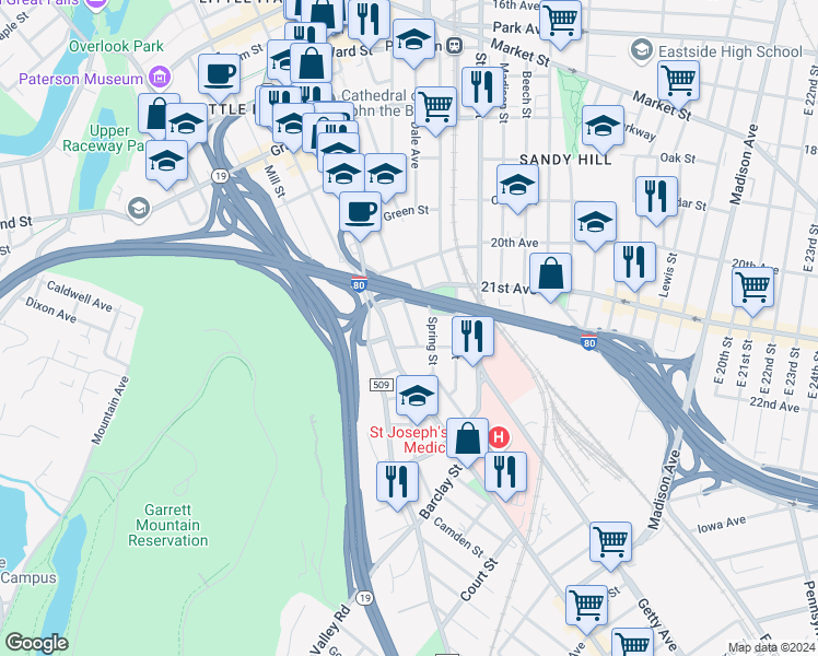 map of restaurants, bars, coffee shops, grocery stores, and more near 184 Jackson Street in Paterson