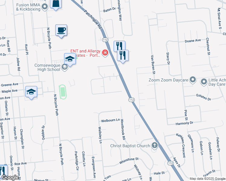 map of restaurants, bars, coffee shops, grocery stores, and more near 194 Cambridge Drive in Port Jefferson Station