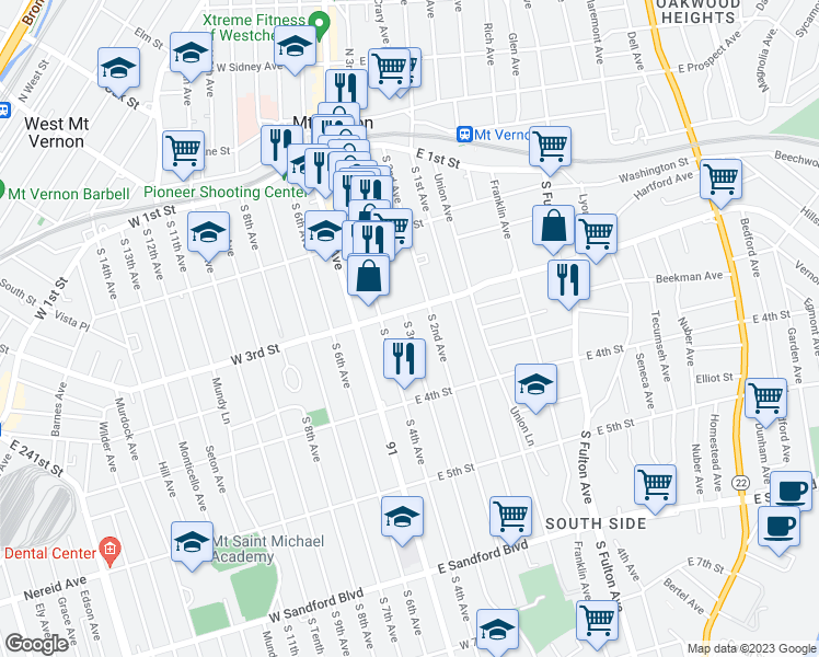 map of restaurants, bars, coffee shops, grocery stores, and more near 210 South 3rd Avenue in Mount Vernon