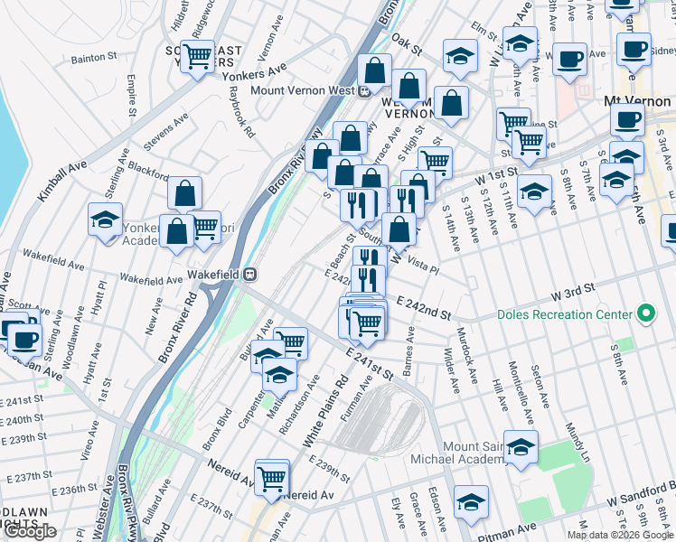 map of restaurants, bars, coffee shops, grocery stores, and more near 4809 Robertson Street in Bronx