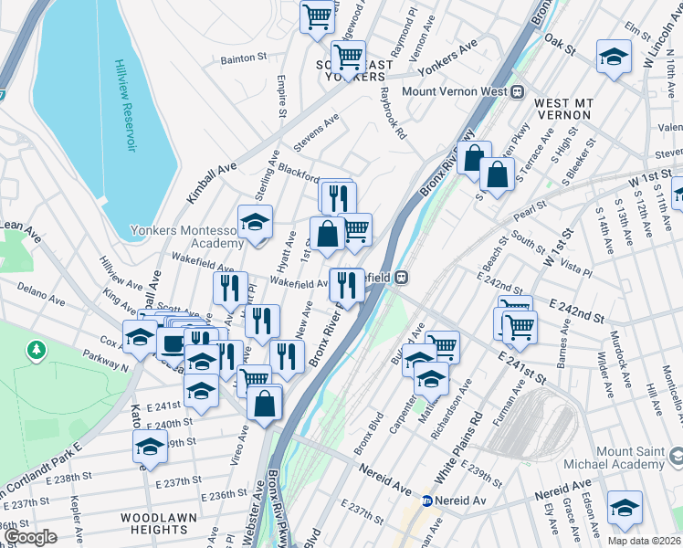 map of restaurants, bars, coffee shops, grocery stores, and more near in Yonkers