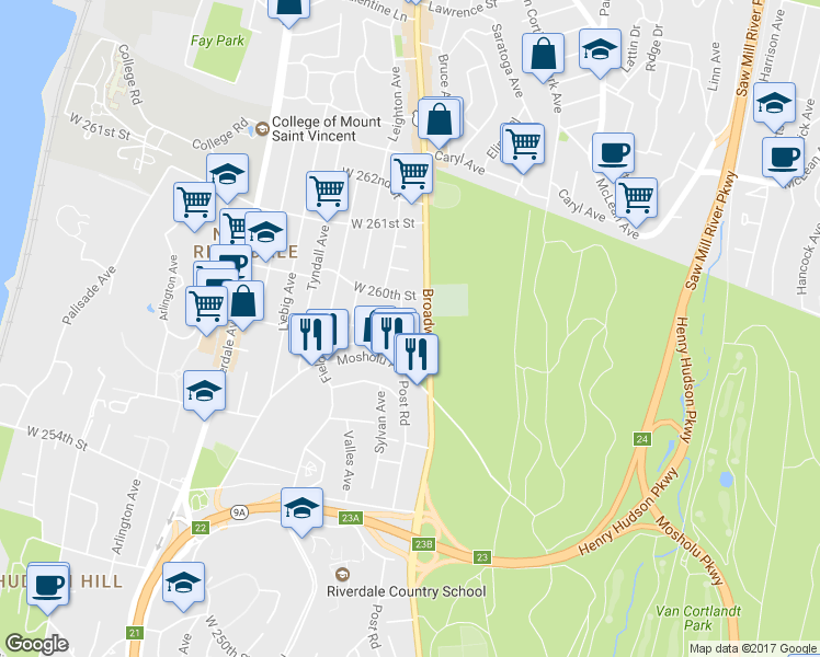 map of restaurants, bars, coffee shops, grocery stores, and more near 5900 Post Road in Bronx