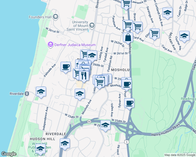 map of restaurants, bars, coffee shops, grocery stores, and more near 418 West 259th Street in Bronx