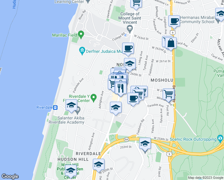 map of restaurants, bars, coffee shops, grocery stores, and more near 5671 Riverdale Avenue in Bronx