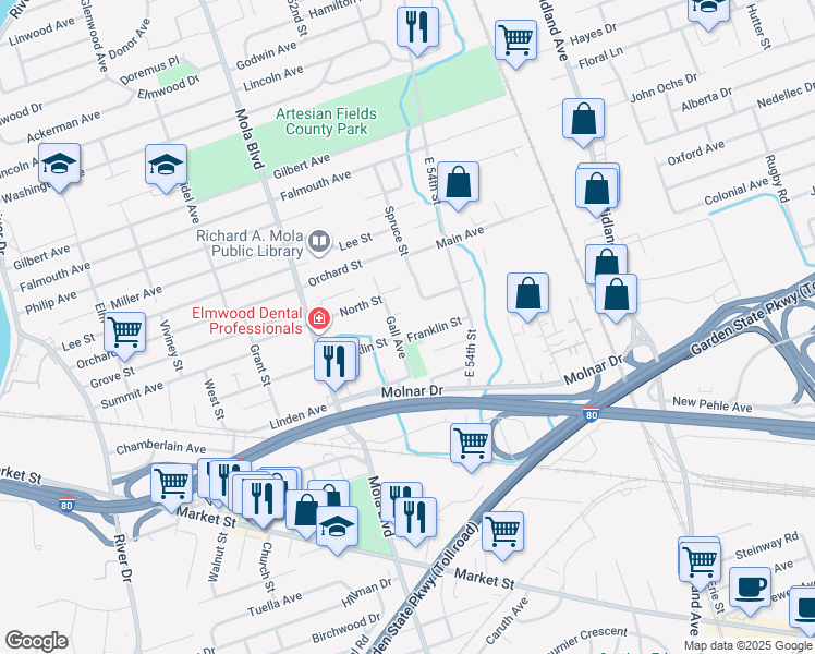 map of restaurants, bars, coffee shops, grocery stores, and more near 171 Franklin Street in Elmwood Park