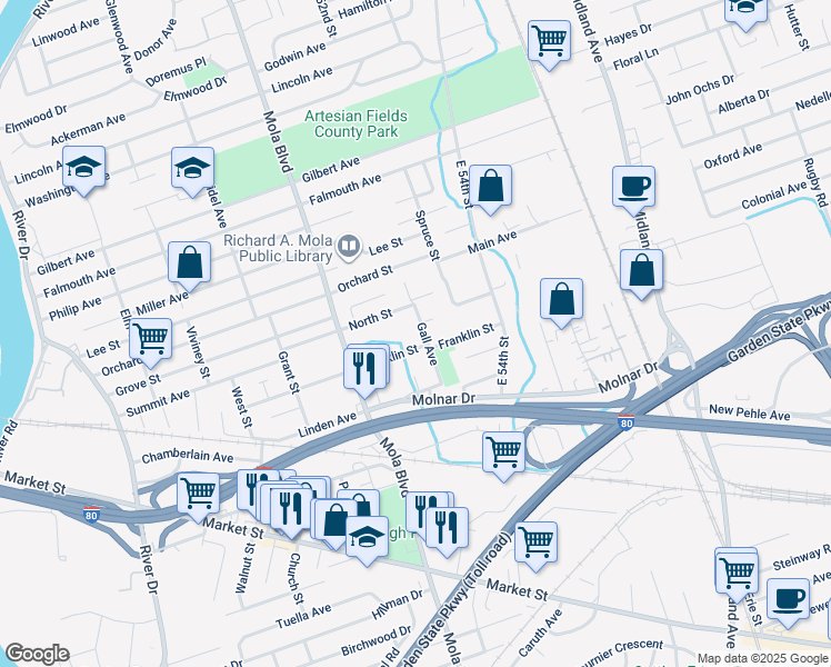 map of restaurants, bars, coffee shops, grocery stores, and more near 139 Franklin Street in Elmwood Park
