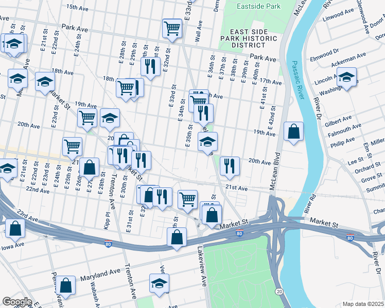 map of restaurants, bars, coffee shops, grocery stores, and more near 628 20th Avenue in Paterson