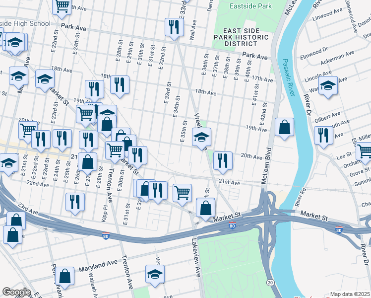 map of restaurants, bars, coffee shops, grocery stores, and more near 628 20th Avenue in Paterson