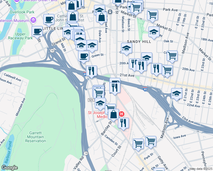 map of restaurants, bars, coffee shops, grocery stores, and more near 34 Plum Street in Paterson